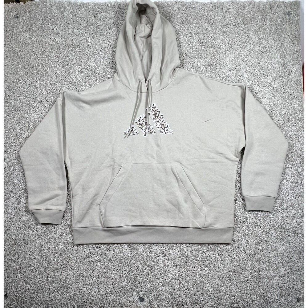 Adidas Floral Logo Hoodie 2XL Light Beige Fleece Pullover NWT